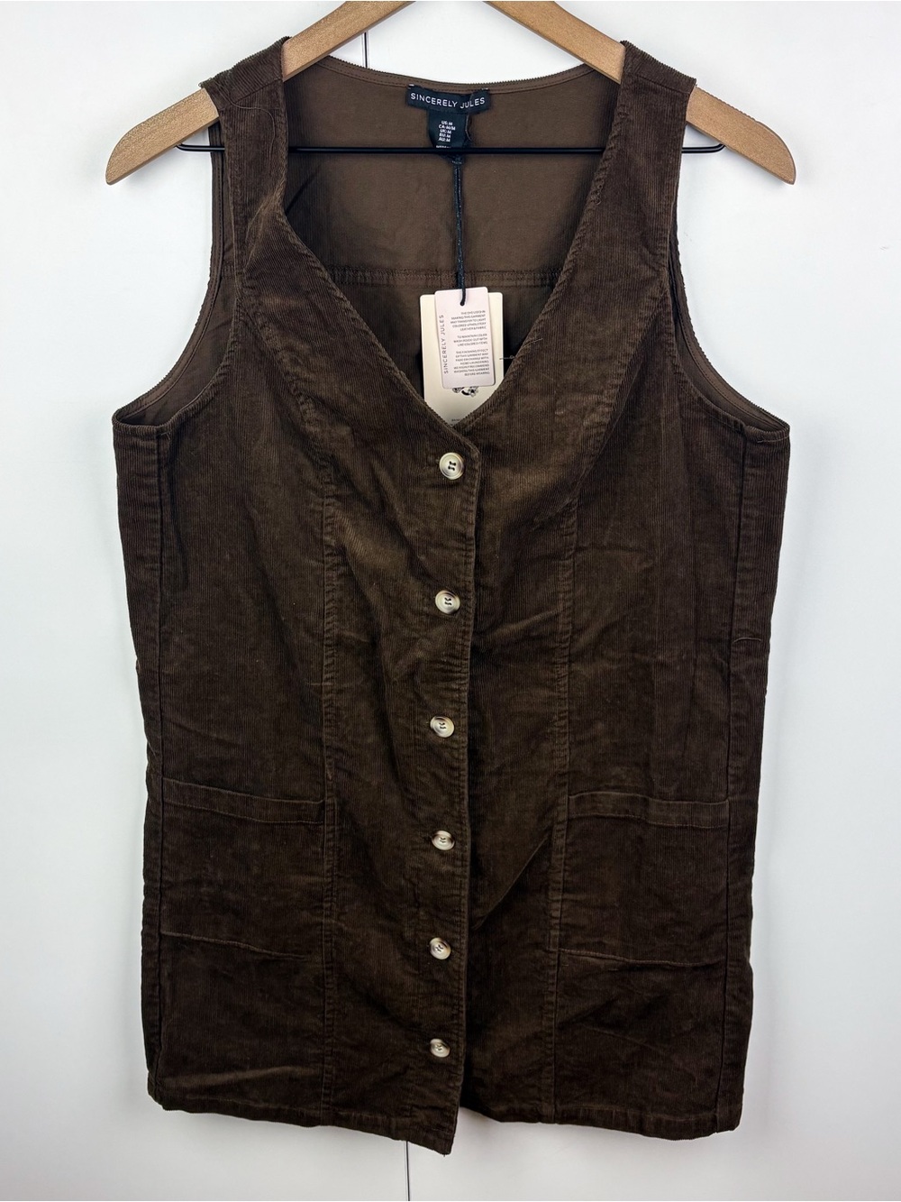 Sincerely Jules Corduroy Button Front Sleeveless Mini Shift Dress Brown NEW